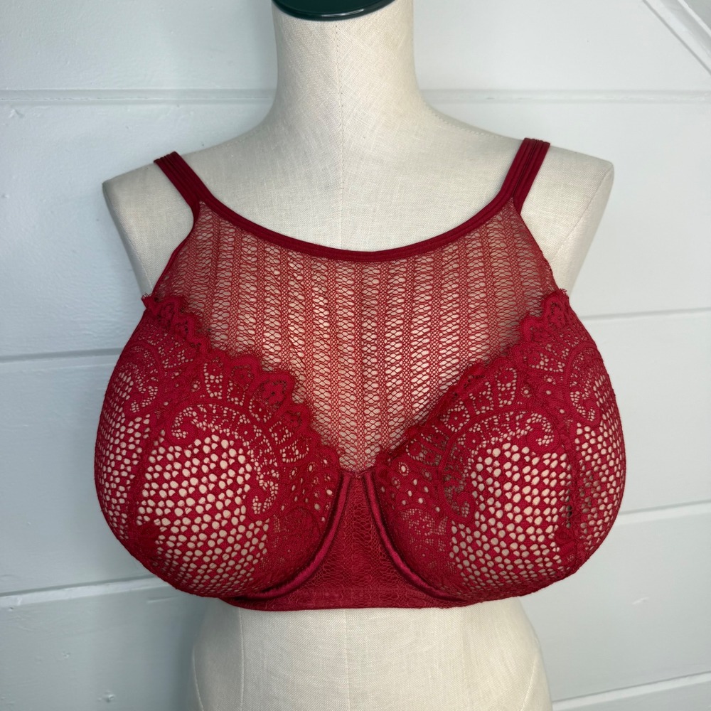 Caciqueโ Lane Bryant 44DD Bra Underwire Balconette Red Lace High Neck